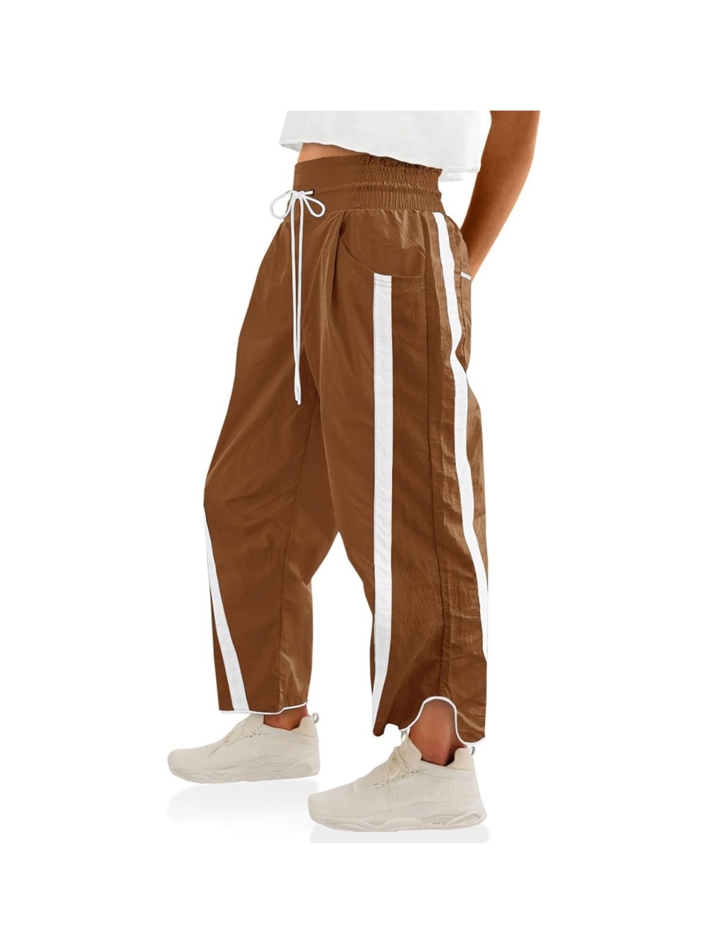 Brown Track Stripe Women’s Pants with Elastic Waist